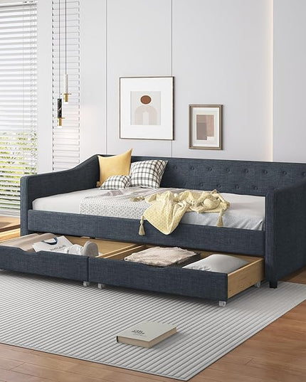 Full Daybed Frame with 2 Storage Drawers,Upholstered Sofa Bed W/Button & Nailhead Tufted Design,Wood Slats Support,Linen Fabric Bedframe for Living Room Bedroom Apartment,Dark Gray - LeafyLoom