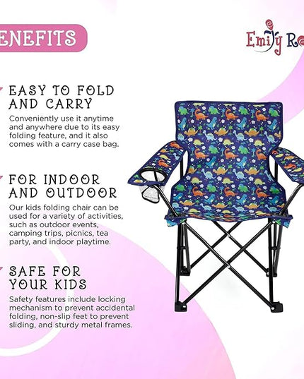 Emily Rose Kids Folding Chair | Beach Chair with Safety Lock- Camping Chair for Boyos Girls Toddler with Cup Holder & Carry Case- Tailgate, Travel, Lawn- for Indoor & Outdoor (Playful Dinosaurs) - LeafyLoom