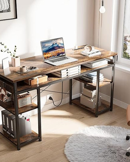 AODK 48 Inch Small Computer Desk with Power Outlets & Type-C, Writing Desk with Storage Shelves Headphone Hook, Student Laptop PC Desks for Small Spaces Home Office, Vintage - LeafyLoom