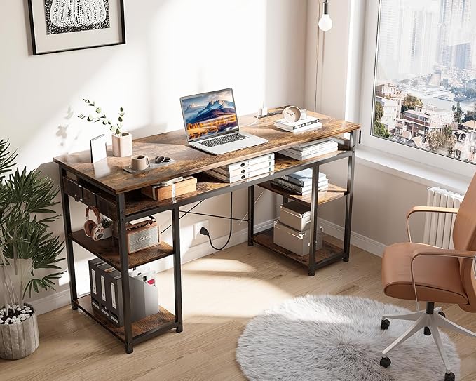 AODK 48 Inch Small Computer Desk with Power Outlets & Type-C, Writing Desk with Storage Shelves Headphone Hook, Student Laptop PC Desks for Small Spaces Home Office, Vintage - LeafyLoom