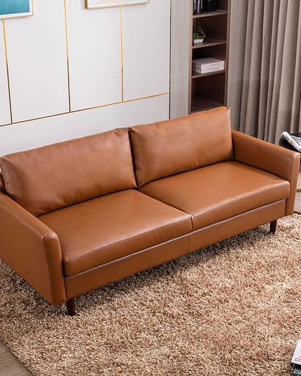 Dreamsir 80'' Faux Leather Sofa Couch, Mid-Century Modern Sofa with Solid Wooden Frame & Padded Cushions, 3-Seater Couch for Living Room, Apartment, Lounge Room (Brown) - LeafyLoom