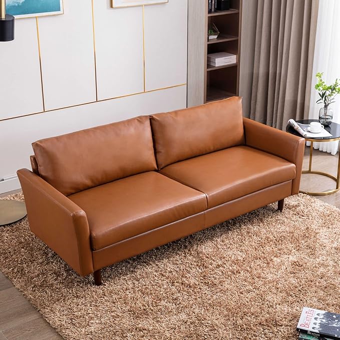 Dreamsir 80'' Faux Leather Sofa Couch, Mid-Century Modern Sofa with Solid Wooden Frame & Padded Cushions, 3-Seater Couch for Living Room, Apartment, Lounge Room (Brown) - LeafyLoom