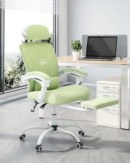 edx Ergonomic Office Chair, Reclining High Back Mesh Computer Desk Swivel Rolling Home Task Chair with Lumbar Support Pillow, Adjustable Headrest, Retractable Footrest and Padded Armrests, Green - LeafyLoom