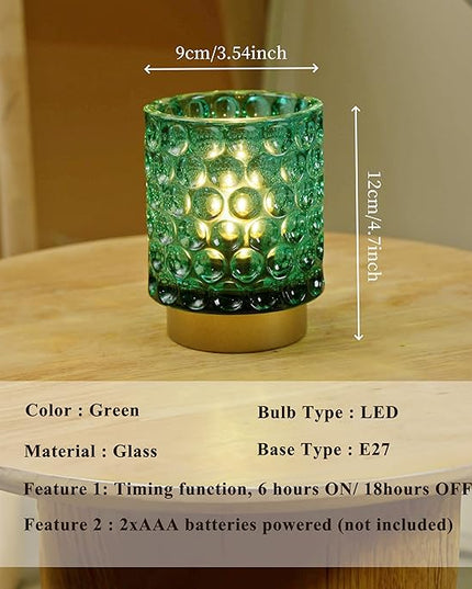 Battery Operated Table Lamp with Timer, 4.7" Tall Round Small Lamps, Cordless Crystal Night Light,Battery Powered Bedside Lamp, for Corner/Living Room/Bedroom/Tabletop, Green - LeafyLoom