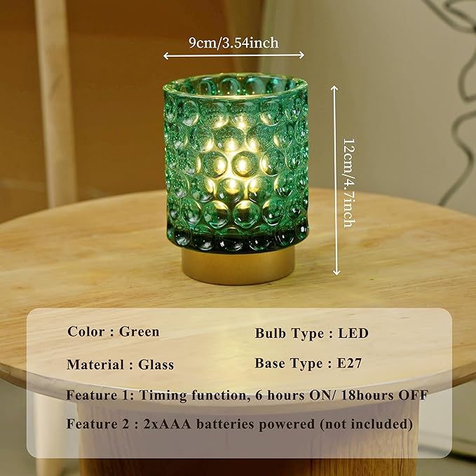 Battery Operated Table Lamp with Timer, 4.7" Tall Round Small Lamps, Cordless Crystal Night Light,Battery Powered Bedside Lamp, for Corner/Living Room/Bedroom/Tabletop, Green - LeafyLoom