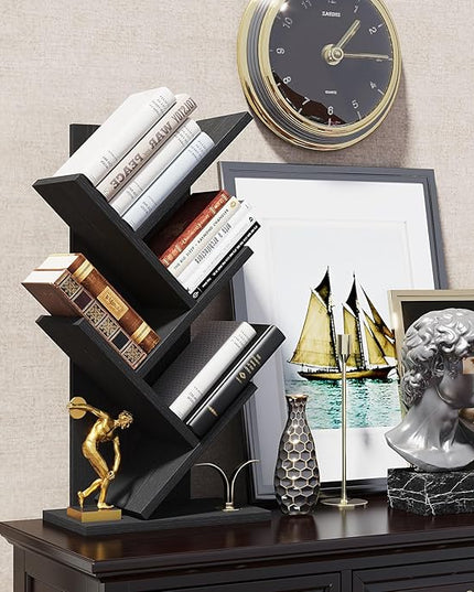 YMYNY 4 Tier Tree Bookshelf, Small Bookcase, Modern Wood Book Storage Rack, Freestanding Book shelf for Books/Movies/CDs, Narrow Display Rack for Living Room, Home Office, Black UHBC014B - LeafyLoom