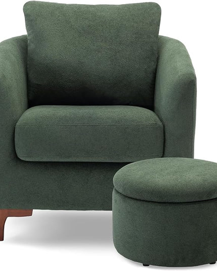 COLAMY Sherpa Accent Chair with Storage Ottoman Set of 2, Upholstered Barrel Arm Chair with Footrest, Modern Living Room Chair with Back Pillow, Green - LeafyLoom