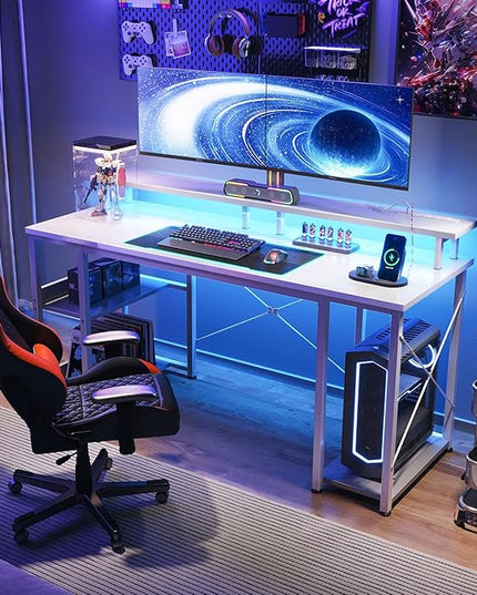 ODK 55 inch Gaming Desk with LED Lights & Power Outlets, Computer Desk with Monitor Stand & Storage Sheves, CPU Stand, Home Office Desk White - LeafyLoom