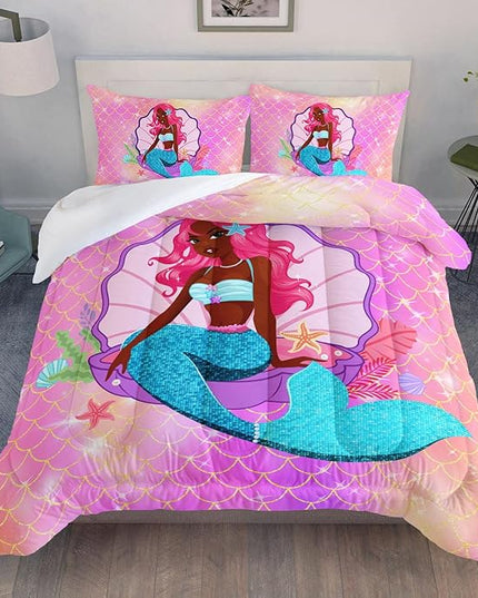 Datura home Bedding Comforter Set Black Girl Magic Mermaid Printed Pattern Quilt with 1 and 2 Pillowcases for Girls Bedroom All Season(Black Pink Full) Full 80x90inches - LeafyLoom