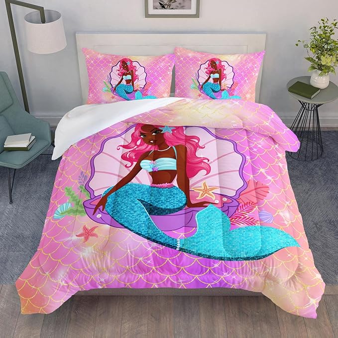 Datura home Bedding Comforter Set Black Girl Magic Mermaid Printed Pattern Quilt with 1 and 2 Pillowcases for Girls Bedroom All Season(Black Pink Twin) Twin 68x86inches - LeafyLoom