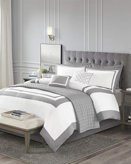 Madison Park Heritage Comforter Quilt Combo Set - Modern Luxury Design, All Season Down Alternative Bedding, Matching Shams, Decorative Pillows, King/Cal King(104"x92"), Color Block Grey 8 Piece - LeafyLoom