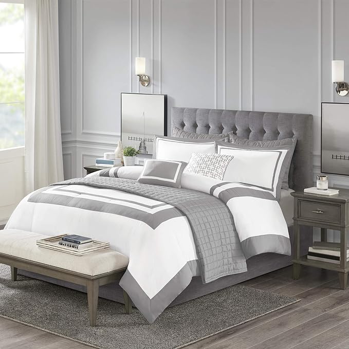 Madison Park Heritage Comforter Quilt Combo Set - Modern Luxury Design, All Season Down Alternative Bedding, Matching Shams, Decorative Pillows, King/Cal King(104"x92"), Color Block Grey 8 Piece - LeafyLoom