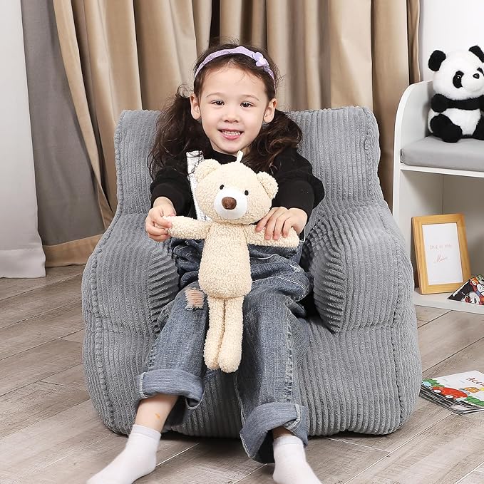 Kids Bean Bag Chair with a Plush Bear, Comfy Toddler Chair for Boys and Girls, Grey - LeafyLoom