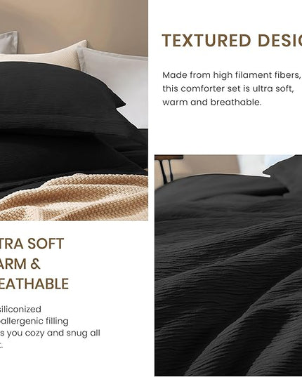 Black King Size Comforter set, Lightweight Comforter for Crinkle Design King Bedding Set, Bed Sets King 3 Piece with Minimalist Comforter & Shams (King, 102"x90") - LeafyLoom