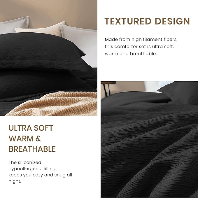 Black King Size Comforter set, Lightweight Comforter for Crinkle Design King Bedding Set, Bed Sets King 3 Piece with Minimalist Comforter & Shams (King, 102"x90") - LeafyLoom