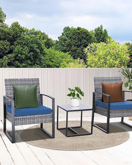 3 Pieces Patio Furniture Set, Outdoor Patio Set, Patio Bistro Set, All-Weather Wicker Conversation Set with Cushions Table for Porch Backyard (Gray-Blue) - LeafyLoom