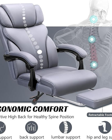 Office Chair, Executive Leather Chair Big and Tall Ergonomic Computer Desk Chair, Comfy Swivel Rolling Reclining Lumbar Support Task Chair with Adjustable High Back Foot Rest for Home Gaming - LeafyLoom