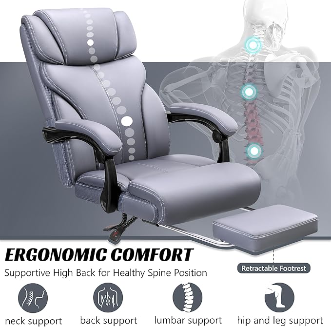 Office Chair, Executive Leather Chair Big and Tall Ergonomic Computer Desk Chair, Comfy Swivel Rolling Reclining Lumbar Support Task Chair with Adjustable High Back Foot Rest for Home Gaming - LeafyLoom