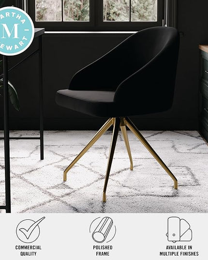 Martha Stewart Sora Stationary Swivel Task Chair with Sloped Arms for Home Office in Black Velvet with Polished Brass Frame - LeafyLoom