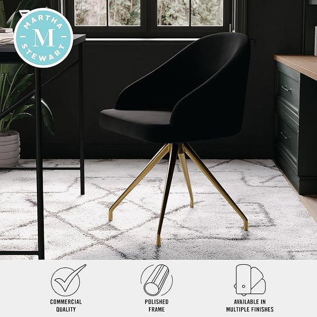 Martha Stewart Sora Stationary Swivel Task Chair with Sloped Arms for Home Office in Black Velvet with Polished Brass Frame - LeafyLoom