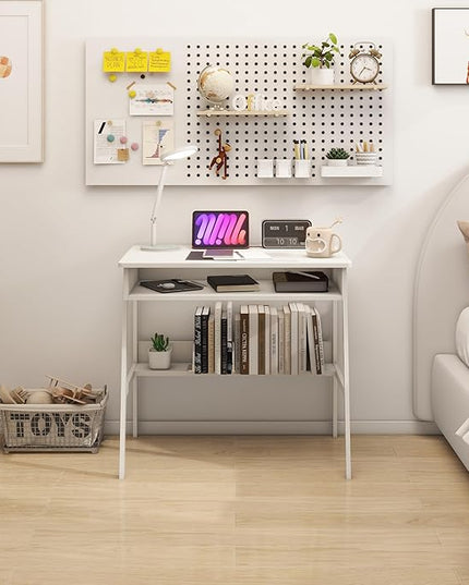 Small Computer Desk, Bureau de Travail, 31.5inch White Desk, Bureau Gaming Desk, Study Table, Sit Stand Desk with Drawers, Wood Dressing Desk with Metal Frame, for Bedroom, Livingroom, Office - LeafyLoom