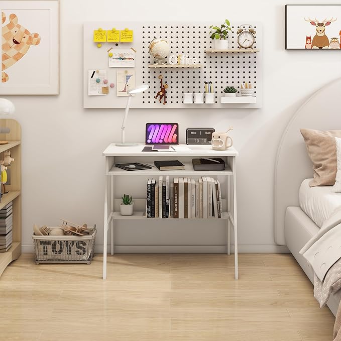 Small Computer Desk, Bureau de Travail, 31.5inch White Desk, Bureau Gaming Desk, Study Table, Sit Stand Desk with Drawers, Wood Dressing Desk with Metal Frame, for Bedroom, Livingroom, Office - LeafyLoom