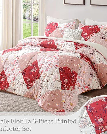 Whale Flotilla Queen Full Comforter Set, Soft Reversible Red Bedding Comforter Set with Boho Pattern, 1 Micoriber Patchwork Comforter and 2 Pillow Shams, 3 Pieces - LeafyLoom