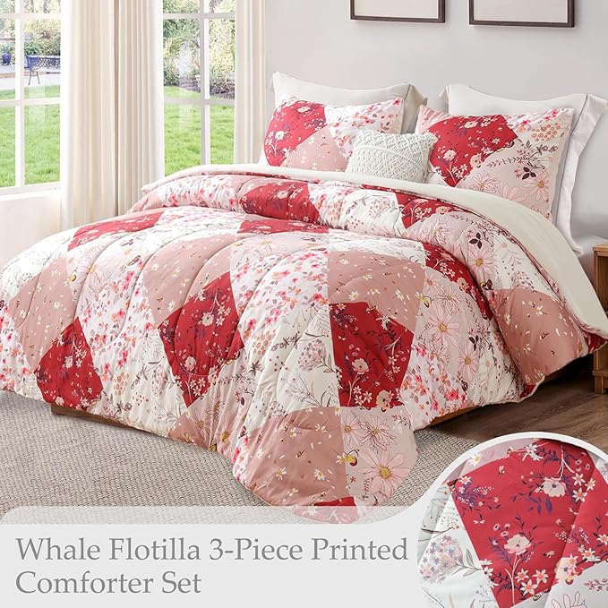 Whale Flotilla King Comforter Set, Soft Reversible Red Bedding Comforter Set with Boho Pattern, 1 Micoriber Patchwork Comforter and 2 Pillow Shams, 3 Pieces - LeafyLoom
