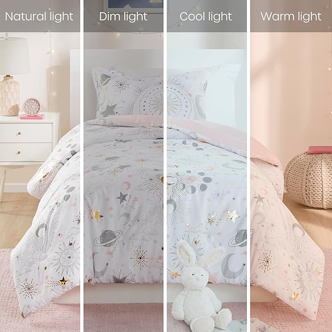Mi Zone Kids Twin Comforter Set, Celestial Metallic Comforter Set Starry Sky, Moon & Sun Comforters, All Seasons Lightweight & Fluffy Comforter Bed Set, 1 Sham, Celia, Twin, Blush/Gold 3 Piece - LeafyLoom