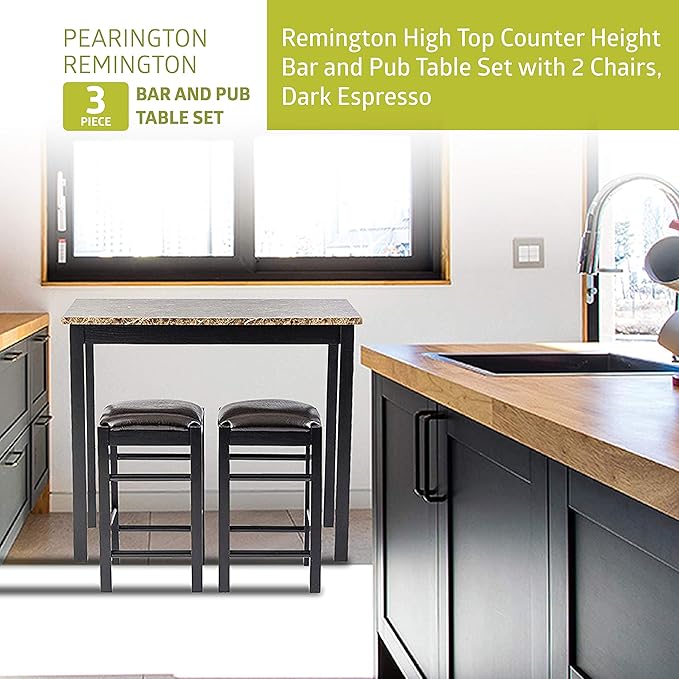Pearington Remington High Top Counter Height Bar and Pub Table Set with 2 Chairs, Dark Espresso - LeafyLoom