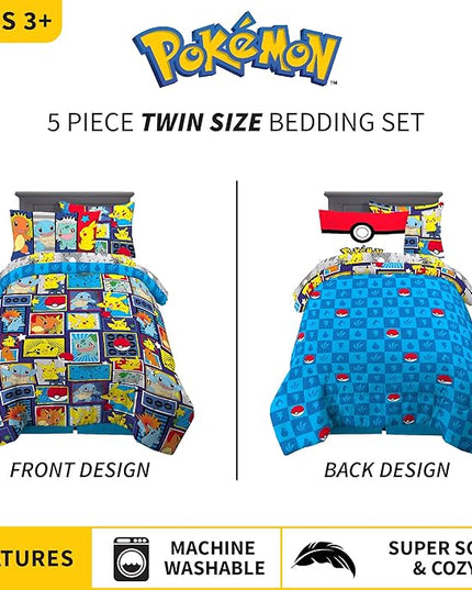 Franco Kids Bedding Super Soft Comforter and Sheet Set with Sham, 5 Piece Twin Size, Pokemon - LeafyLoom
