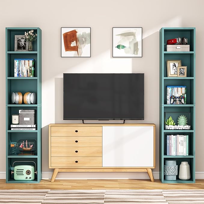 70.9 Inch Tall Narrow Bookcase, Corner Bookshelf 6 Tier Cube Display Shelf Storage Organizer for Small Space, Blue - LeafyLoom