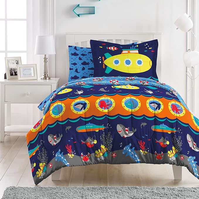 dream FACTORY Kids 7-Piece Complete Set Easy-Wash Super Soft Microfiber Comforter Bedding, Full, Navy Submarine - LeafyLoom