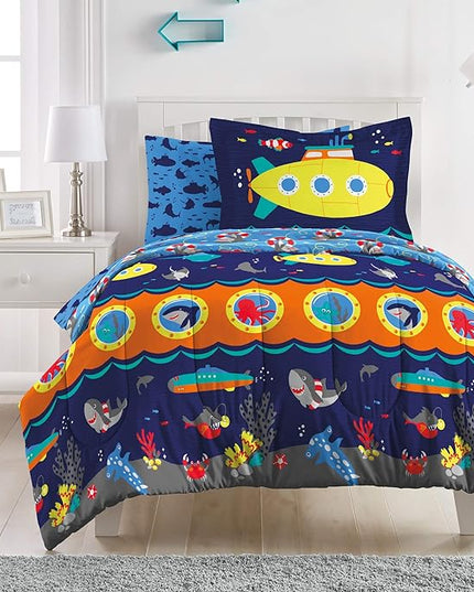 dream FACTORY Kids 5-Piece Complete Set Easy-Wash Super Soft Microfiber Comforter Bedding, Twin, Navy Submarine - LeafyLoom