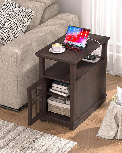 HIFYOBRO Narrow End Table with Flip Top Charging Station and Storage Cabinet, Type-C & USB port & Power outlets, Adjustable Shelf, Narrow Side Table with Storage for Living Room and Bedroom - LeafyLoom