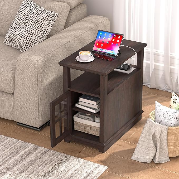 HIFYOBRO Narrow End Table with Flip Top Charging Station and Storage Cabinet, Type-C & USB port & Power outlets, Adjustable Shelf, Narrow Side Table with Storage for Living Room and Bedroom - LeafyLoom
