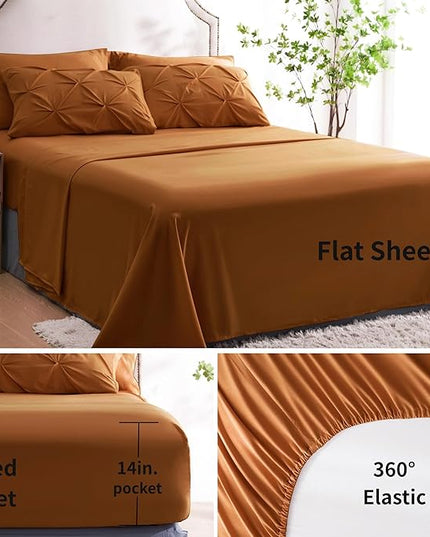 Ubauba 7pc Burnt Orange Queen Comforter Set, Rust 7 Piece Pintuck Bed in a Bag with Sheets, All Season Pinched Pleat Bedding Comforters & Sets,(Rustic, Queen Size) - LeafyLoom
