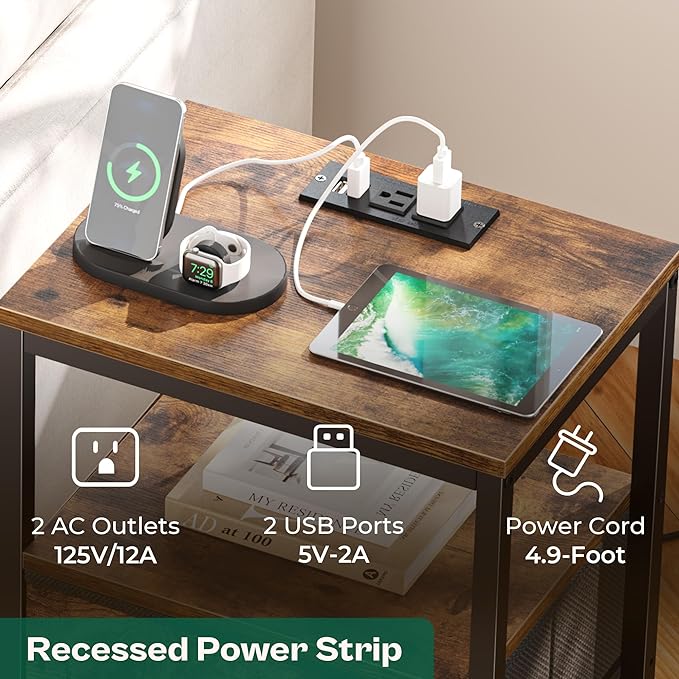 Nightstand with Charging Station, Side Table with Fabric Drawers, End Table with Open Shelf, Bedside Table with USB Ports and Outlets, Night Stand for Bedroom, Rustic Brown - LeafyLoom