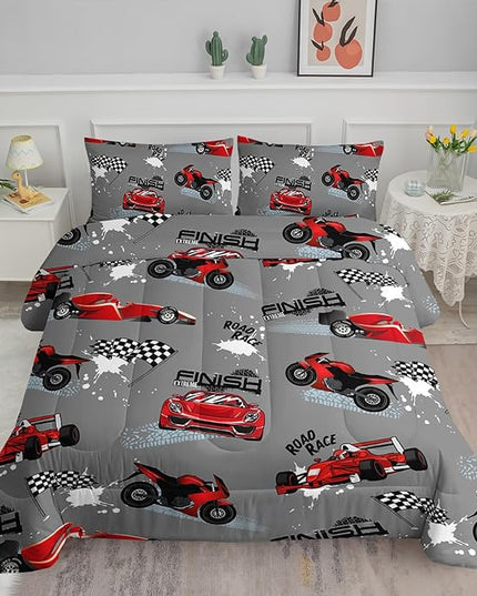 Axolotl Kid Comforter Set Queen Size,Racing Car Bedding Set for Boys Girls Teen Car Racing Gifts,Race Cars Quilt Bed Set with 1 Comforter 2 Pillowcases,Red Grey - LeafyLoom