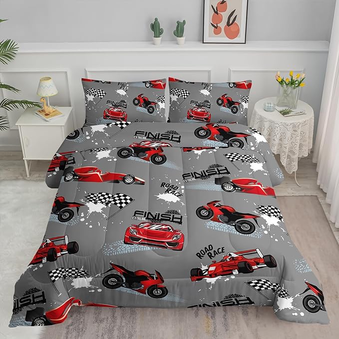 Axolotl Kid Comforter Set Queen Size,Racing Car Bedding Set for Boys Girls Teen Car Racing Gifts,Race Cars Quilt Bed Set with 1 Comforter 2 Pillowcases,Red Grey - LeafyLoom