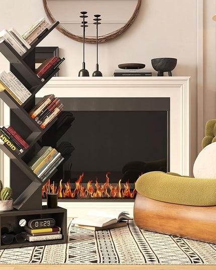 YMYNY 6 Tier Tree Bookshelf, Tall Bookcase, Wood Book Storage Rack with Drawer, Modern Floor Standing Book Shelf for Books/Movies/CDs, Utility Organizer for Living Room, Home Office, Black UHBC016B - LeafyLoom