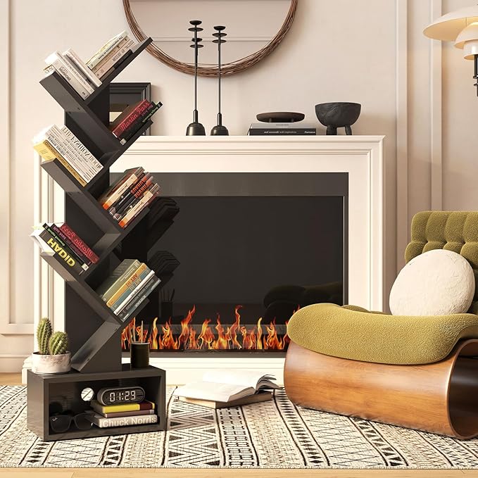 YMYNY 6 Tier Tree Bookshelf, Tall Bookcase, Wood Book Storage Rack with Drawer, Modern Floor Standing Book Shelf for Books/Movies/CDs, Utility Organizer for Living Room, Home Office, Black UHBC016B - LeafyLoom