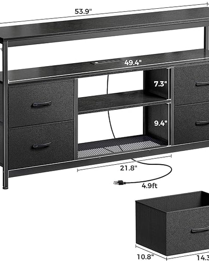 TV Stand Dresser with Power Outlets and LED Lights, 4 Drawers Entertainment Center with Shelf, 54 Inch Media Console for 55 60 Inch TV, 4 AC Outlets, 2 USBs, Dresser with PU Finish, Black - LeafyLoom
