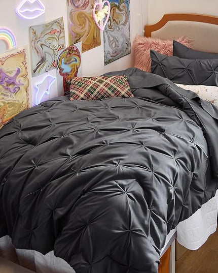 Bedsure Twin Comforter Set with Sheets - 5 Pieces Twin Bedding Sets, Pinch Pleat Dark Grey Twin Bed in a Bag with Comforter, Sheets, Pillowcase & Sham - LeafyLoom
