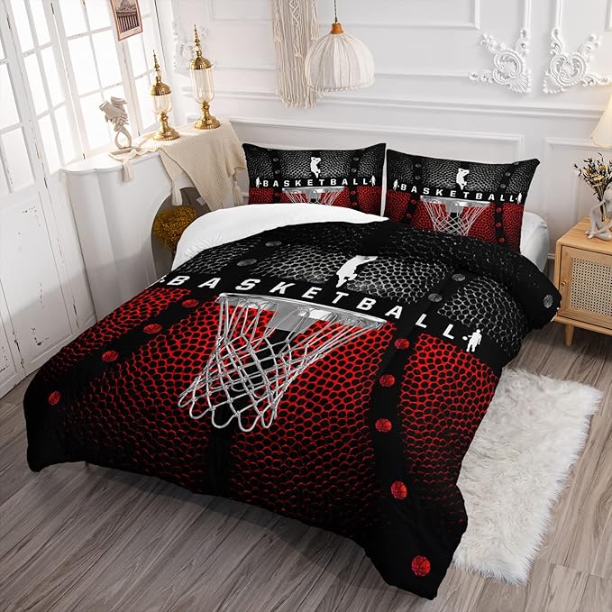 Axolotl Basketball Bedding Set for Boys Kids Teens,Soft Microfiber Black and Red Sports Theme Basketball Bedding Sets Full Size with 1 Comforter and 2 Pillowcases All Season - LeafyLoom
