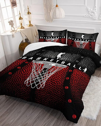 Axolotl Basketball Bedding Set for Boys Kids Teens,Soft Microfiber Black and Red Sports Theme Basketball Bedding Sets Queen Size with 1 Comforter and 2 Pillowcases All Season - LeafyLoom
