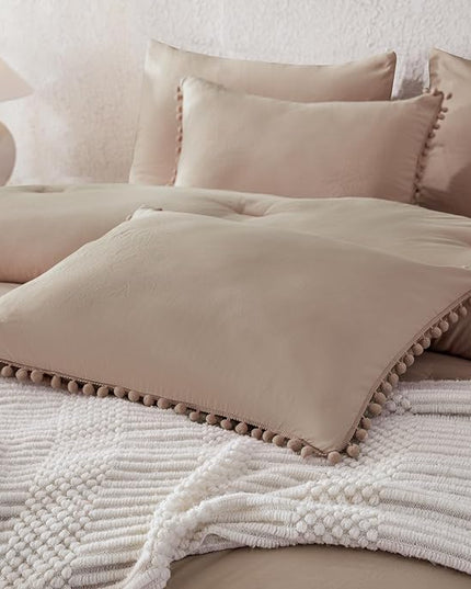 Litanika King Size Comforter Set Taupe,3 Pieces Taupe Boho Pom Pom Lightweight Bed Comforter, All Season Soft Solid Color Bedding Comforter Sets (1 Comforter 104x90 Inch, 2 Pillowcases) - LeafyLoom