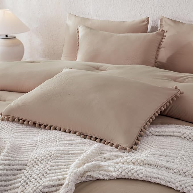 Litanika King Size Comforter Set Taupe,3 Pieces Taupe Boho Pom Pom Lightweight Bed Comforter, All Season Soft Solid Color Bedding Comforter Sets (1 Comforter 104x90 Inch, 2 Pillowcases) - LeafyLoom