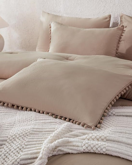 Litanika Queen Size Comforter Set Taupe,3 Pieces Taupe Boho Pom Pom Lightweight Bed Comforter, All Season Soft Solid Color Bedding Comforter Sets (1 Comforter 90x90 Inch, 2 Pillowcases) - LeafyLoom