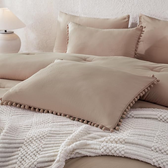 Litanika Queen Size Comforter Set Taupe,3 Pieces Taupe Boho Pom Pom Lightweight Bed Comforter, All Season Soft Solid Color Bedding Comforter Sets (1 Comforter 90x90 Inch, 2 Pillowcases) - LeafyLoom